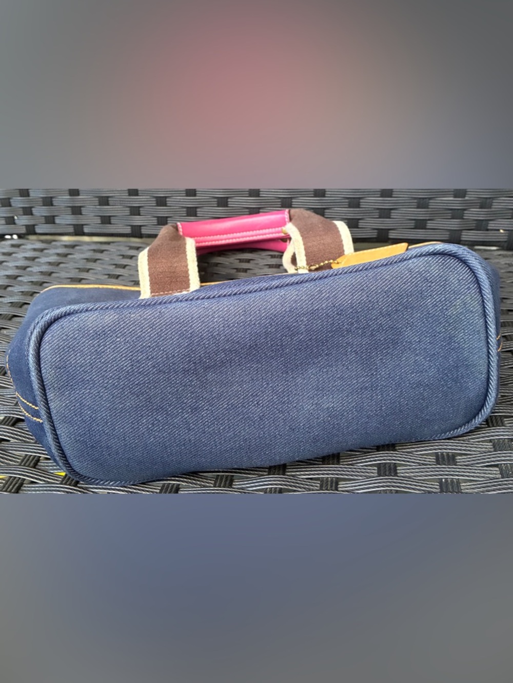 Coach Navy Denim Tote with Brown Straps and Pink Trim - Picture 10 of 16